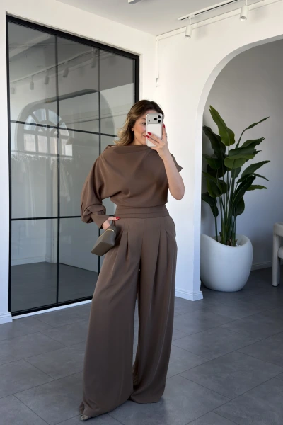 VİZON KAYIK YAKA PANTOLON BEL DETAY TAKIM