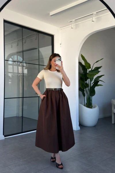 BEJ- KAHVE KISA KOL KEMERLİ ELBİSE