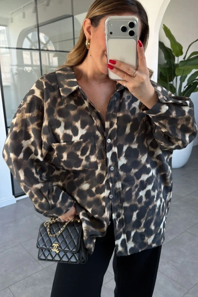 SİYAH LEOPAR DESEN OVERSİZE GÖMLEK 5027