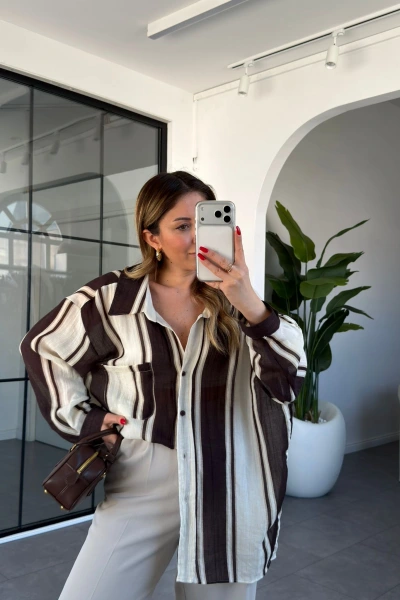 KAHVE KREM ÇİZGİLİ OVERSİZE GÖMLEK 5060