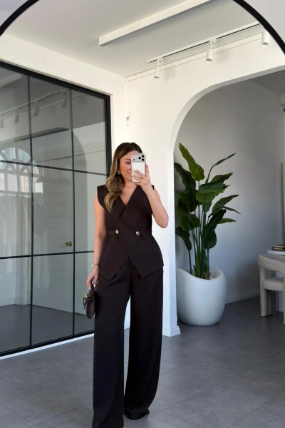 KAHVE YELEKLİ BOL PANTOLONLU TAKIM 37270