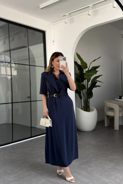LACİVERT KEMERLİ TENCEL ELBİSE 37247