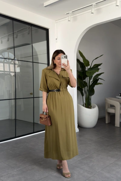 YEŞİL KEMERLİ TENCEL ELBİSE 37247