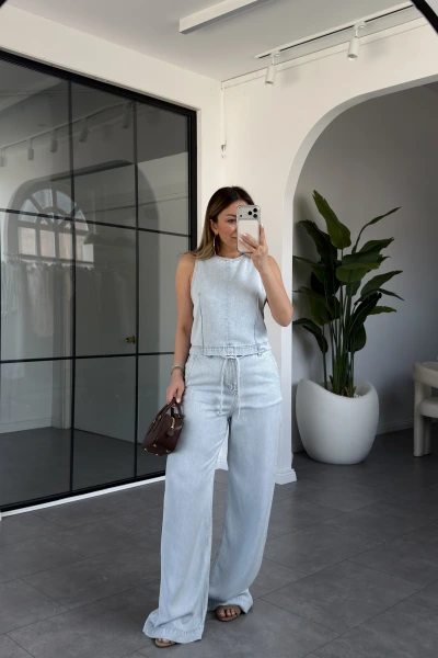 BUZ MAVİ FERMUARLI BLUZ BELİ İPLİ TENCEL TAKIM KS-001