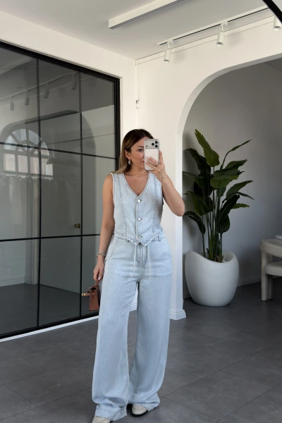 BUZ MAVİ FERMUARLI YELEK BELİ İPLİ TENCEL TAKIM KS-002