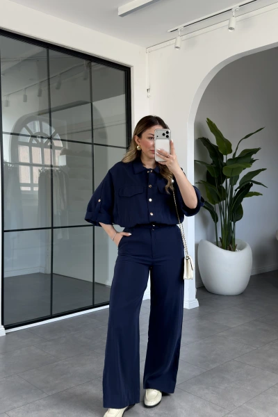 LACİVERT BOMBER CEKET ÇITÇIT DETAYLI TAKIM