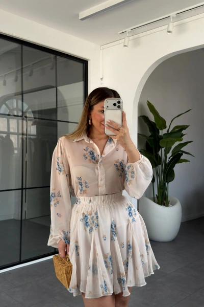 MAVİ ÇİÇEKLİ ŞİFON GÖMLEK ETEK TAKIM