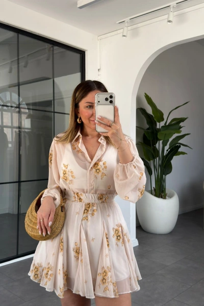 SARI ÇİÇEKLİ ŞİFON GÖMLEK ETEK TAKIM