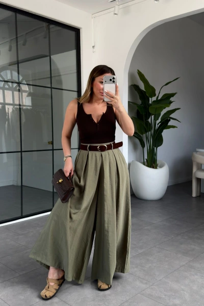 HAKİ KEMERLİ PANTOLON ETEK