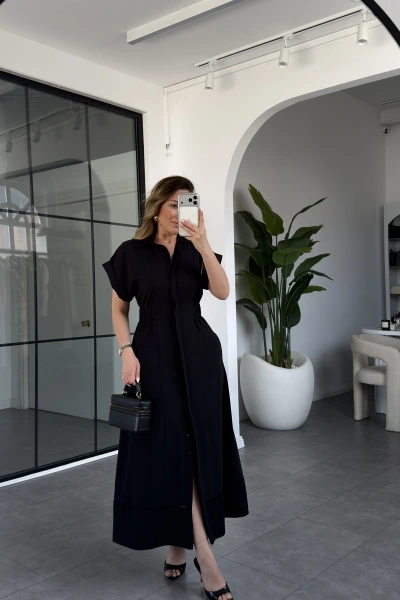 SİYAH KISA KOL BELİ LASTİKLİ MODAL ELBİSE