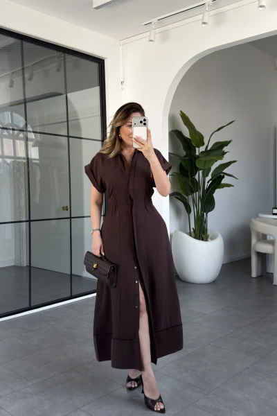 KAHVE KISA KOL BELİ LASTİKLİ MODAL ELBİSE