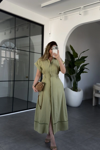 YEŞİL KISA KOL BELİ LASTİKLİ MODAL ELBİSE