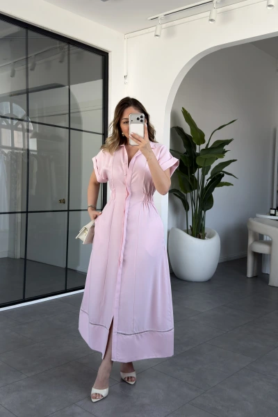 PEMBE KISA KOL BELİ LASTİKLİ MODAL ELBİSE