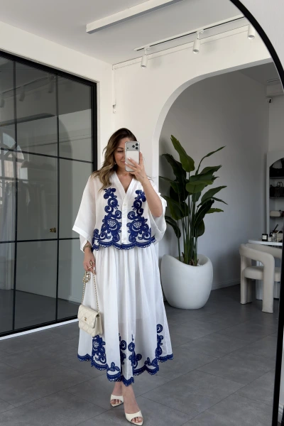 BEYAZ MAVİ NAKIŞLI PREMİUM ETEK TAKIM 247165