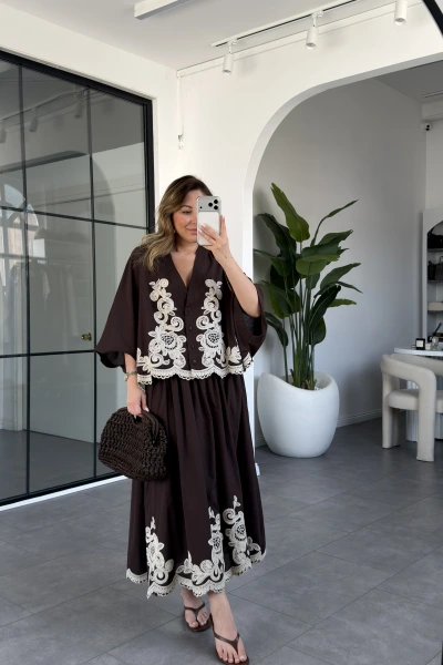 KAHVE NAKIŞLI PREMİUM ETEK TAKIM 247165