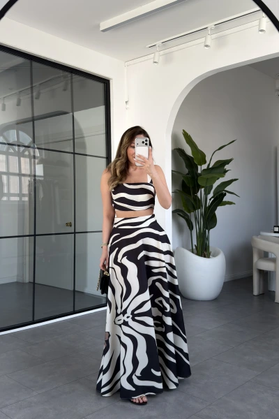 SİYAH ZEBRA DESEN ETEK CROP TAKIM 30437
