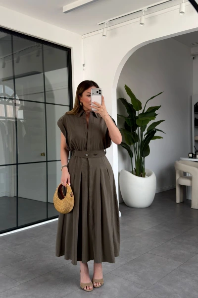 HAKİ KEMERLİ DÜŞÜK KOL ELBİSE 268262