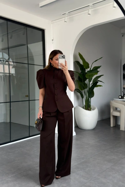 KAHVE OMUZLARI HACİMLİ CEKET TAKIM 5657