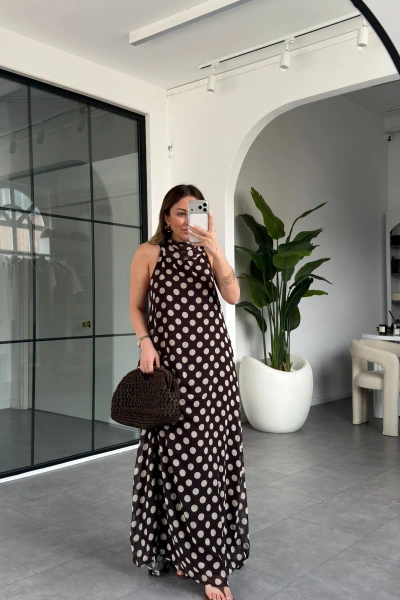 KAHVE EKRU PUANTİYELİ ŞİFON ELBİSE 261060