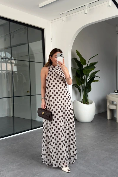 EKRU KAHVE PUANTİYELİ ŞİFON ELBİSE 261060