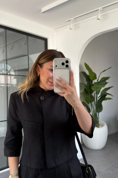 SİYAH KETEN CROP CEKET 9736