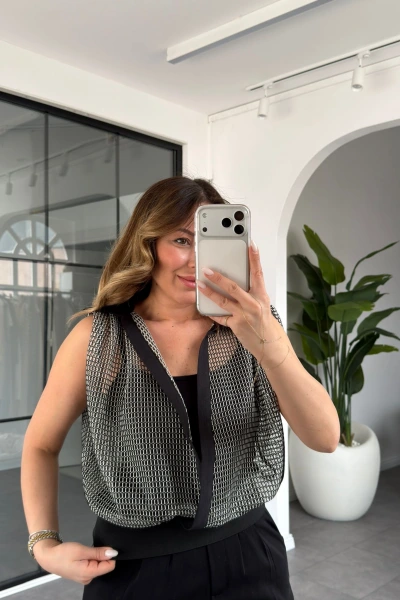 SİYAH KRUVAZE YAKA FİLE BLUZ 3146