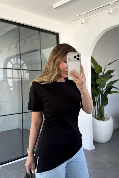 SİYAH YANI BÜZGÜLÜ T-SHIRT 22982