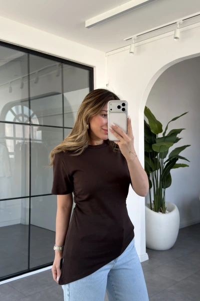 KAHVE YANI BÜZGÜLÜ T-SHIRT 22982