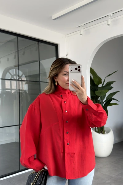 KIRMIZI ÇIT ÇIT DÜĞMELİ LYOCELL GÖMLEK 3137