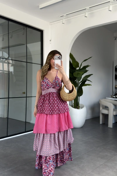 PEMBE ÇİÇEK DESEN KAT KAT ELBİSE 6765