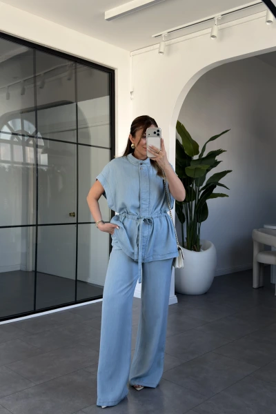 BUZ MAVİ BELİ KENDİNDEN KEMERLİ TENSEL TAKIM 37368