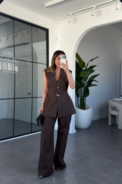 KAHVERENGİ PİLELİ KETEN YELEK PANTOLON TAKIM 9298