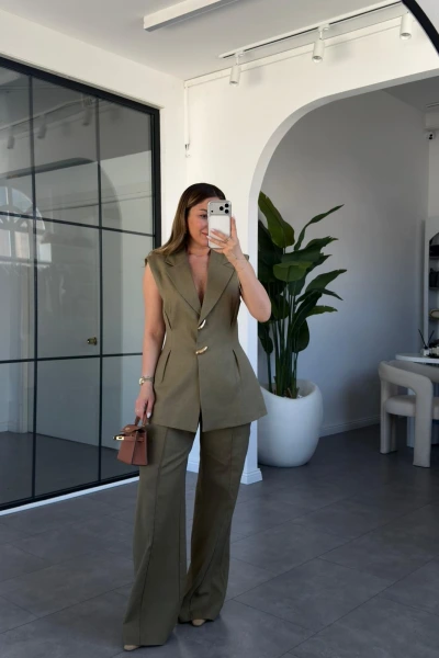 HAKİ PİLELİ KETEN YELEK PANTOLON TAKIM 9298