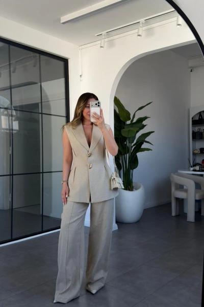 TAŞ PİLELİ KETEN YELEK PANTOLON TAKIM 9298