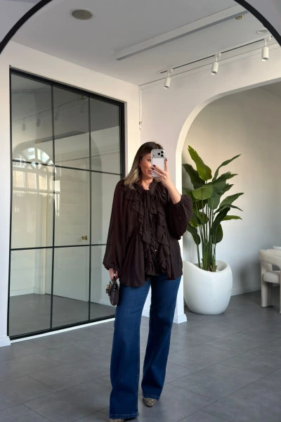 ACI KAHVE BAĞLAMA DETAYLI ŞİFON GÖMLEK