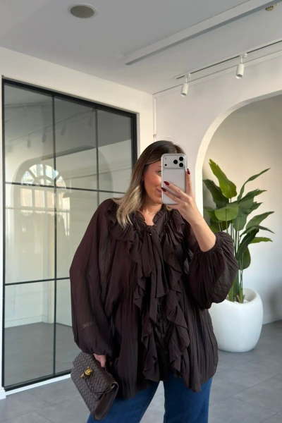 ACI KAHVE BAĞLAMA DETAYLI ŞİFON GÖMLEK