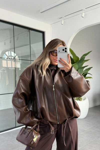 ACI KAHVE BELDEN KEMERLİ DERİ CEKET