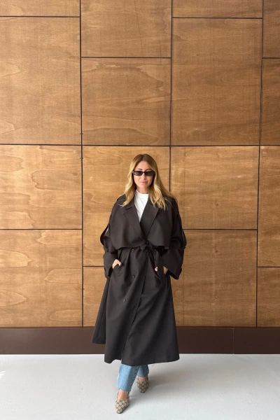 ACI KAHVE DÜĞMELİ MANŞET DETAY KUŞAKLI TRENÇKOT