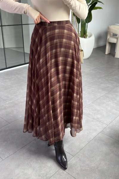 ACI KAHVE EKOSE DESEN ŞİFON ETEK