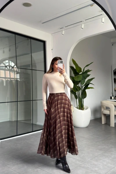 ACI KAHVE EKOSE DESEN ŞİFON ETEK