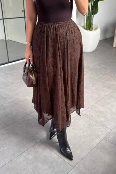 ACI KAHVE FLOK BASKI ASİMETRİK ETEK