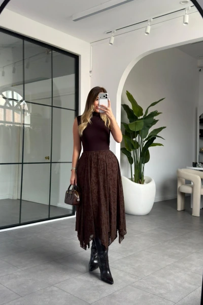 ACI KAHVE FLOK BASKI ASİMETRİK ETEK