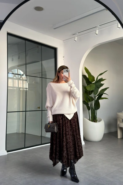 ACI KAHVE FLOK BASKI ASİMETRİK ETEK