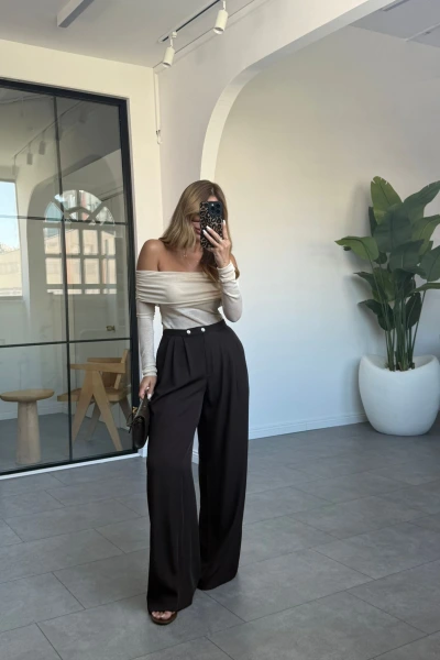 ACI KAHVE İKİ DÜĞMELİ DÖKÜMLÜ PALAZZO PANTOLON