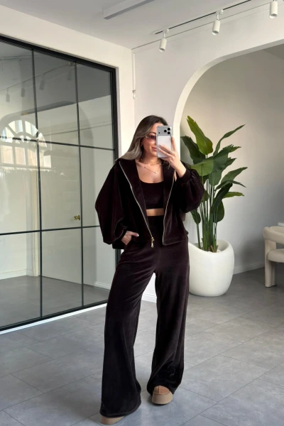 ACI KAHVE KADİFE ÜÇLÜ TAKIM