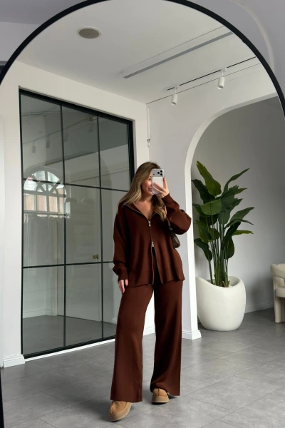 ACI KAHVE KAPÜŞONLU ÇİFT FERMUARLI UZUN TAKIM