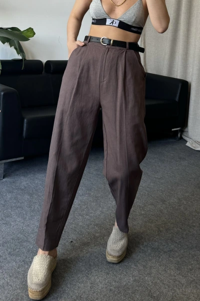 Acı Kahve Kemerli Keten Pantolon