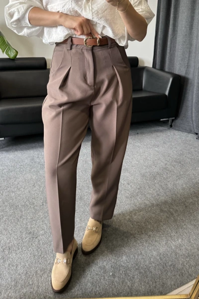 Kahverengi Kemerli Premium Kumaş Pantolon