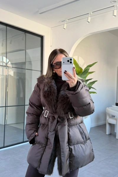 ACI KAHVE KÜRK DETAY ŞİŞME MONT