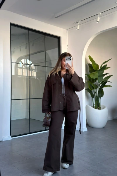 ACI KAHVE KUŞAKLI DENİM CEKET PANTOLON TAKIM